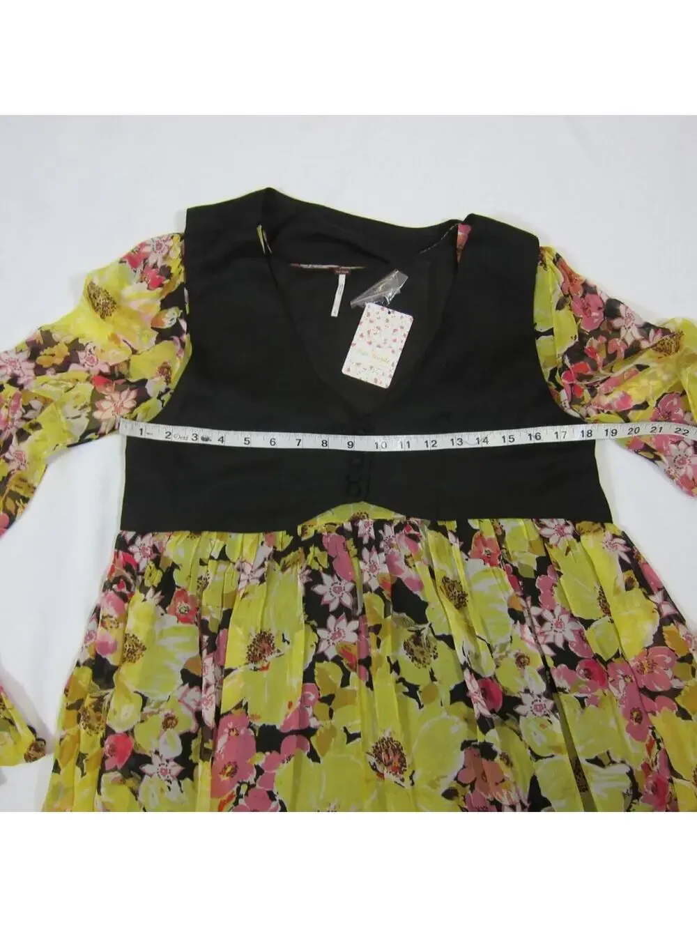 Free People Vested Mini Dress NWT Small Yellow Floral Bell Sleeves V-Neck NEW